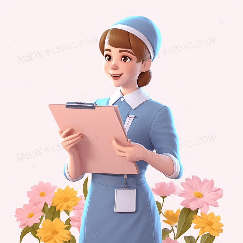 穿着蓝色制服的护士拿着病历本面带笑容3D模型插画
