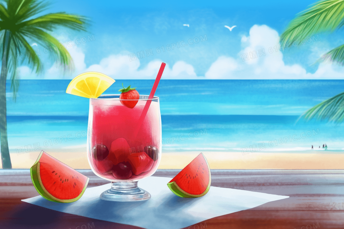 卡通风夏日海边摆着西瓜汁背景图