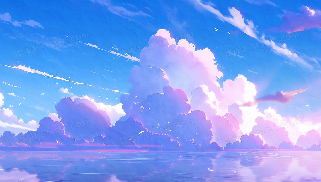 唯美梦幻粉红色的云朵倒映水面背景图