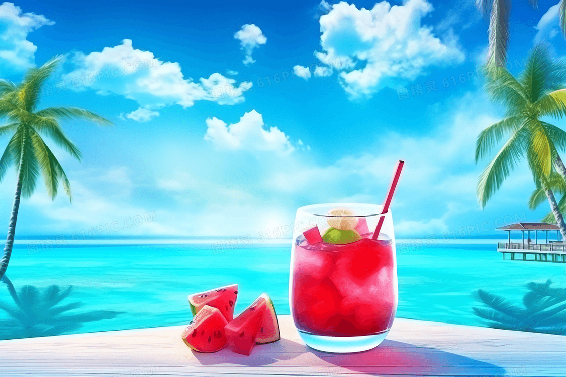 卡通风夏日海边度假摆着西瓜和果汁插图