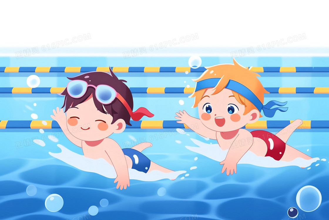 卡通风两个可爱的小朋友在泳池游泳带起了水花插画