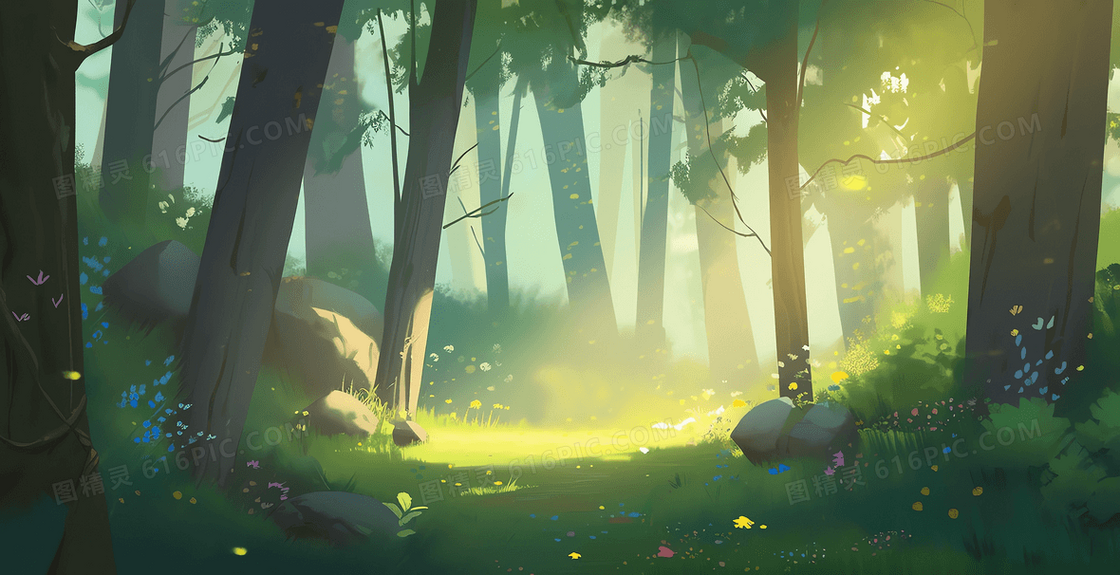 唯美风阳光穿透林荫的梦幻森林插图