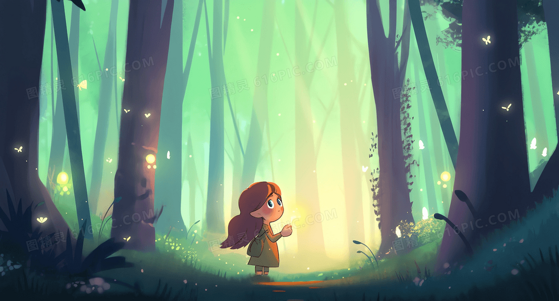 唯美风梦幻森林的可爱女孩借萤火找寻路创意插画