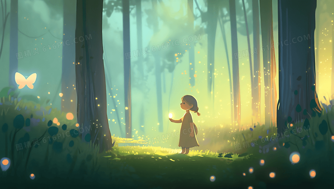 唯美风梦幻森林中用手托起萤火虫的可爱女孩创意插画 