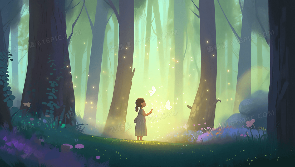 唯美风梦幻森林中想触摸光蝶的可爱女孩和漫天萤火虫创意插画