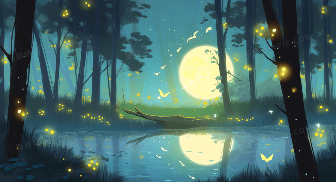 唯美风梦幻森林湖面倒影圆月与光蝶插图