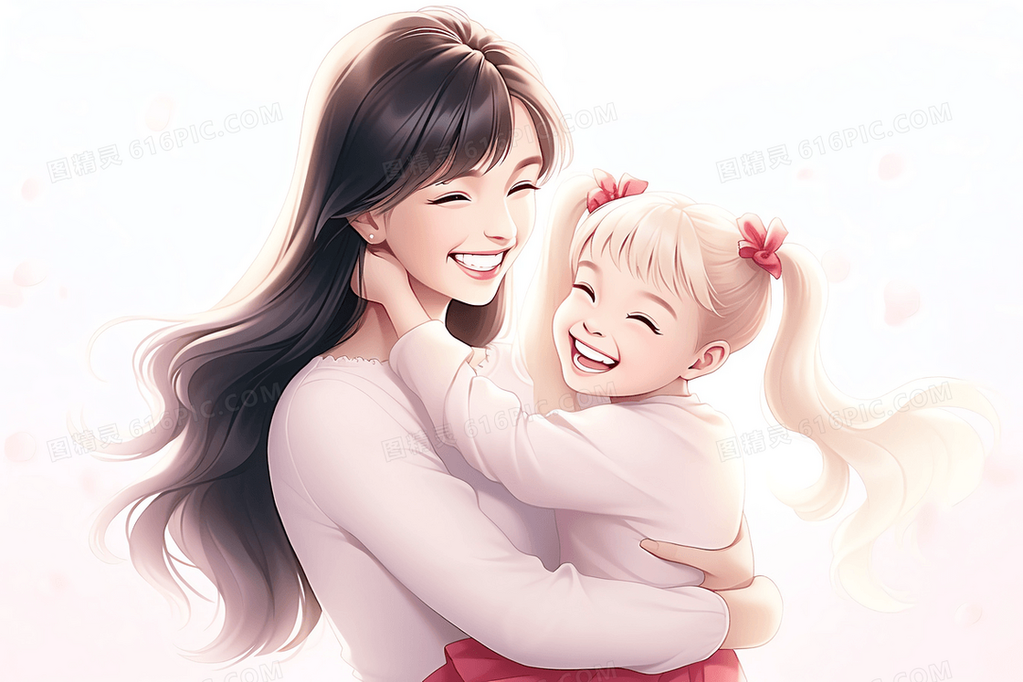 妈妈抱着可爱的女儿开心的在花田里转圈创意插画