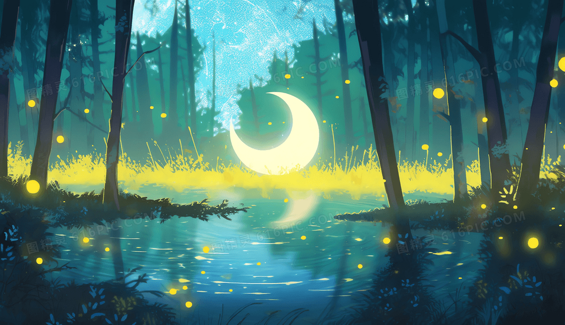 唯美梦幻森林弦月躺在湖边插图