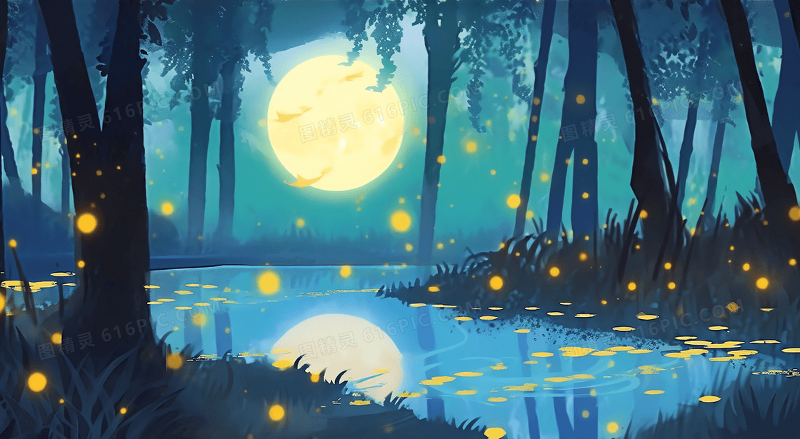 唯美风梦幻森林湖面倒影圆月与萤火插图