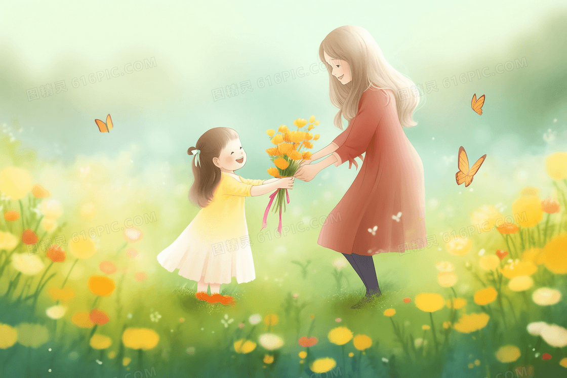 卡通风一个小女孩在有蝴蝶飞舞的花园里给妈妈送一束自己采摘的鲜花背景图