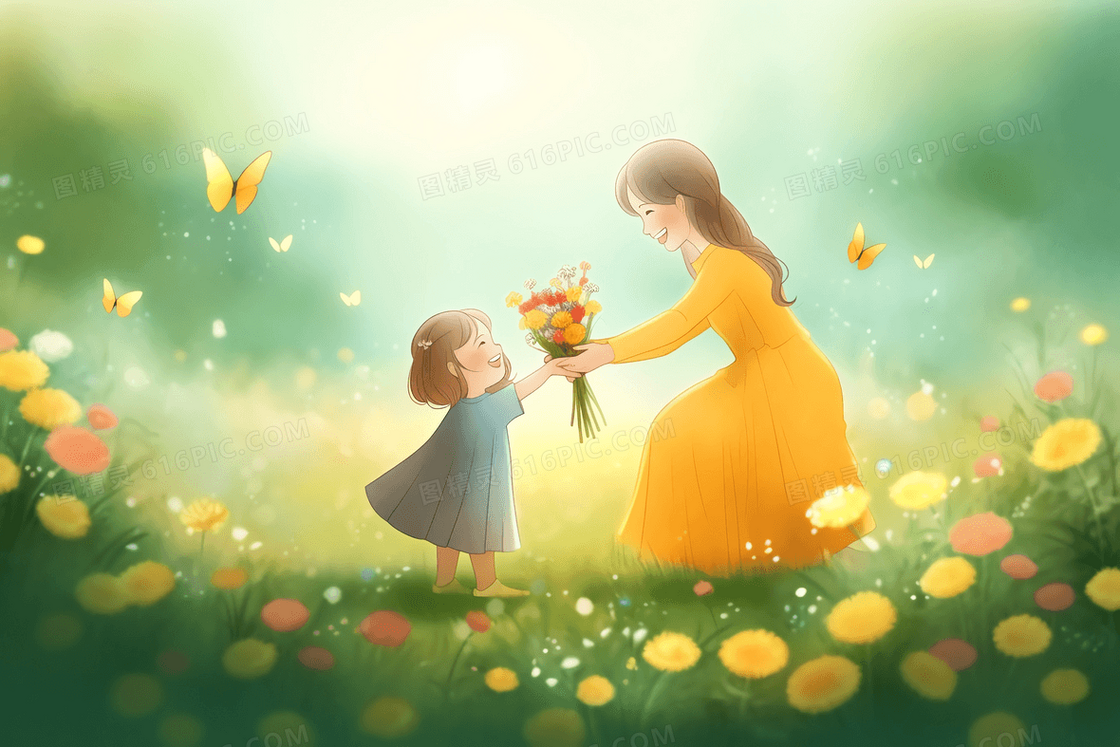 卡通风童话梦境中女孩给妈妈献花插图