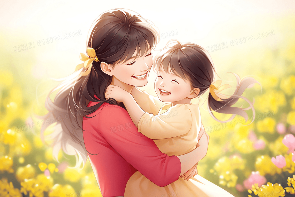 妈妈抱着可爱的女儿开心的在花田里转圈温馨插画