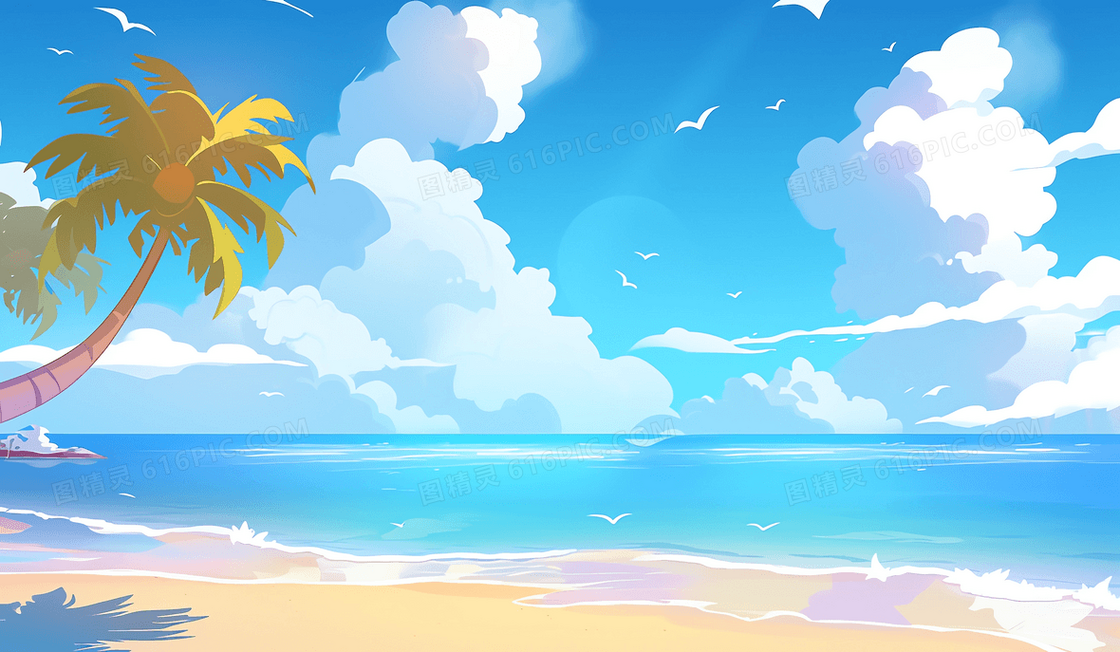 唯美清新夏日蓝天白云海浪冲刷沙滩背景图