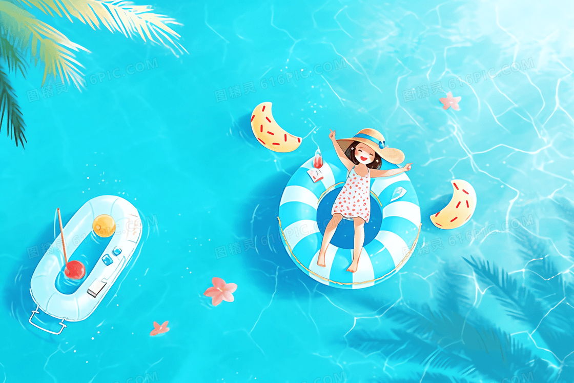 清新卡通海面上一个小女孩躺在游泳圈上插画