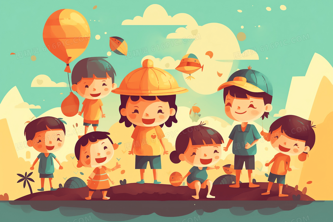 卡通风小朋友们在户外玩耍插图
