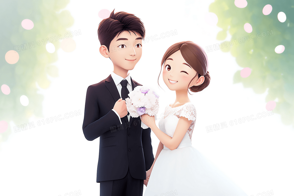韩式唯美新郎含情脉脉的看着新娘婚纱照3D模型插画