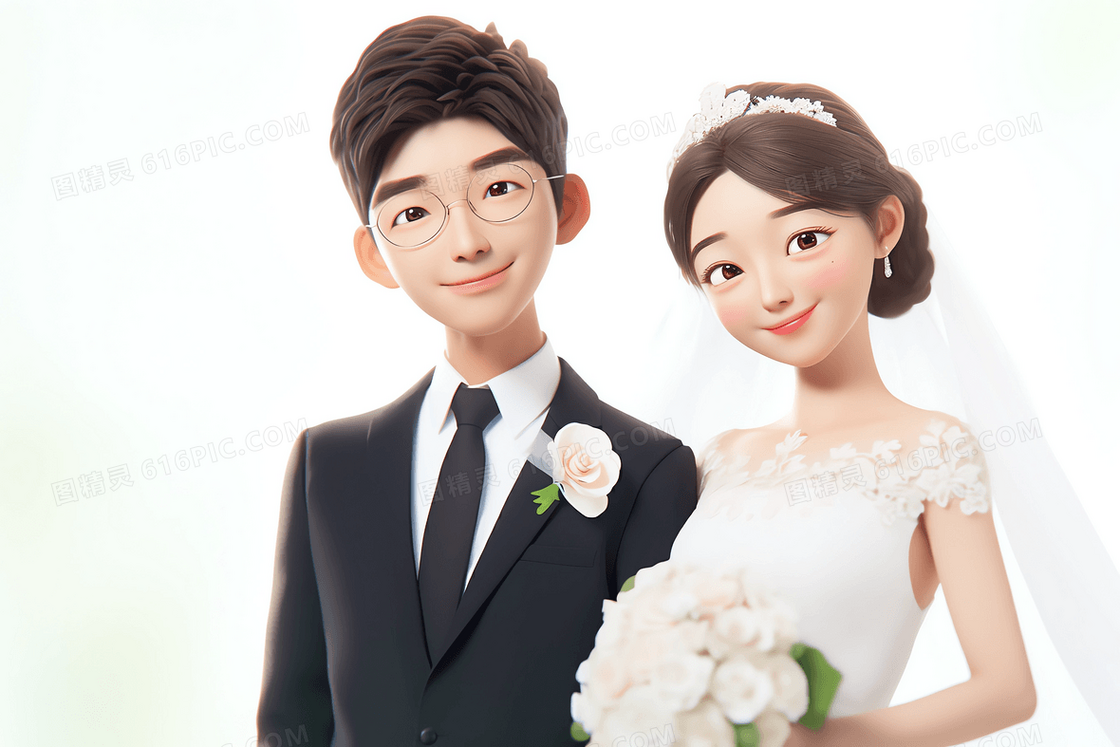 韩式唯美新娘新娘开心的笑着婚纱照3D模型插画