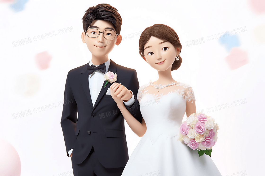 韩式唯美新郎牵着手拿捧花的新娘婚纱照3D模型 插画