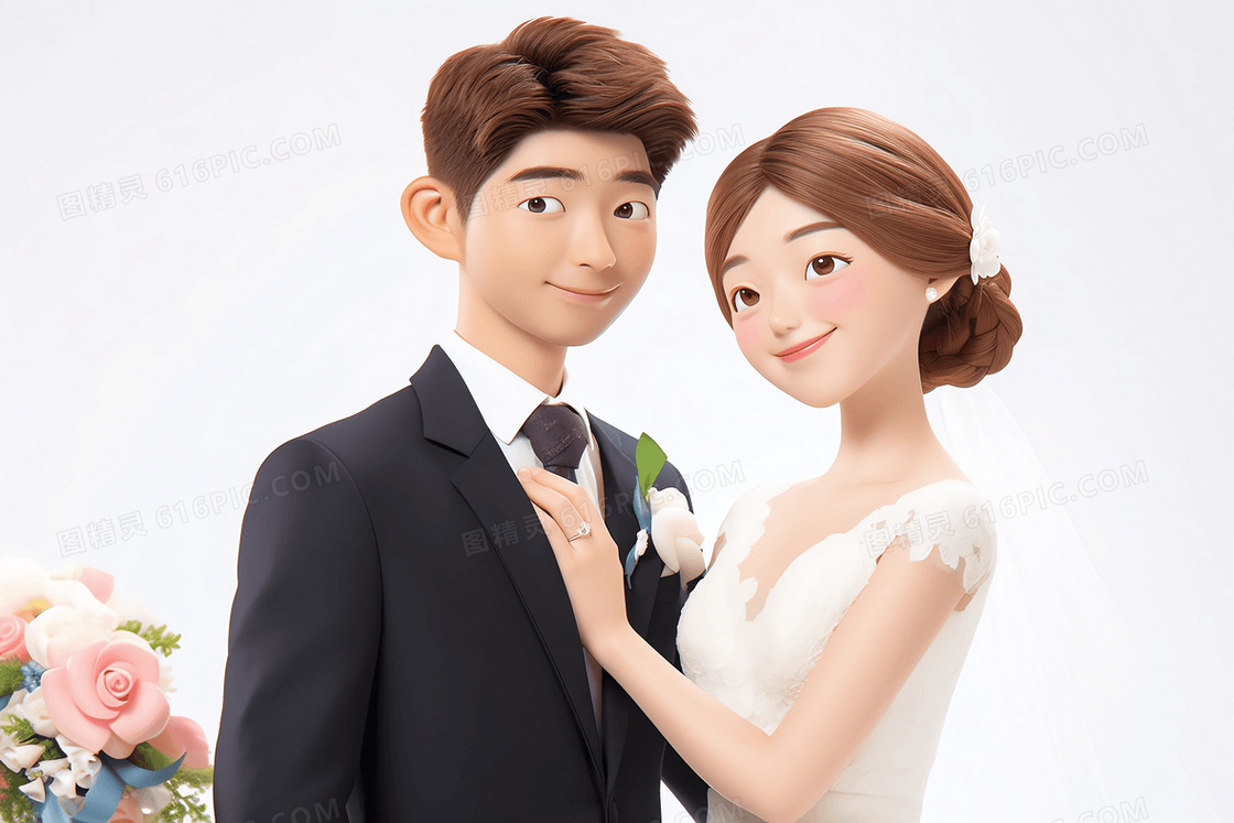 韩式唯美新娘搭着新郎的胸前婚纱照3D模型插画