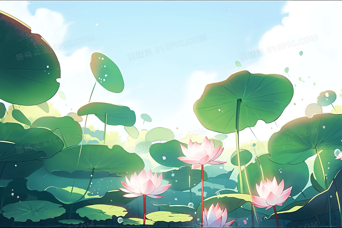 卡通风炎炎夏日荷塘里绽放着朵朵荷花插画