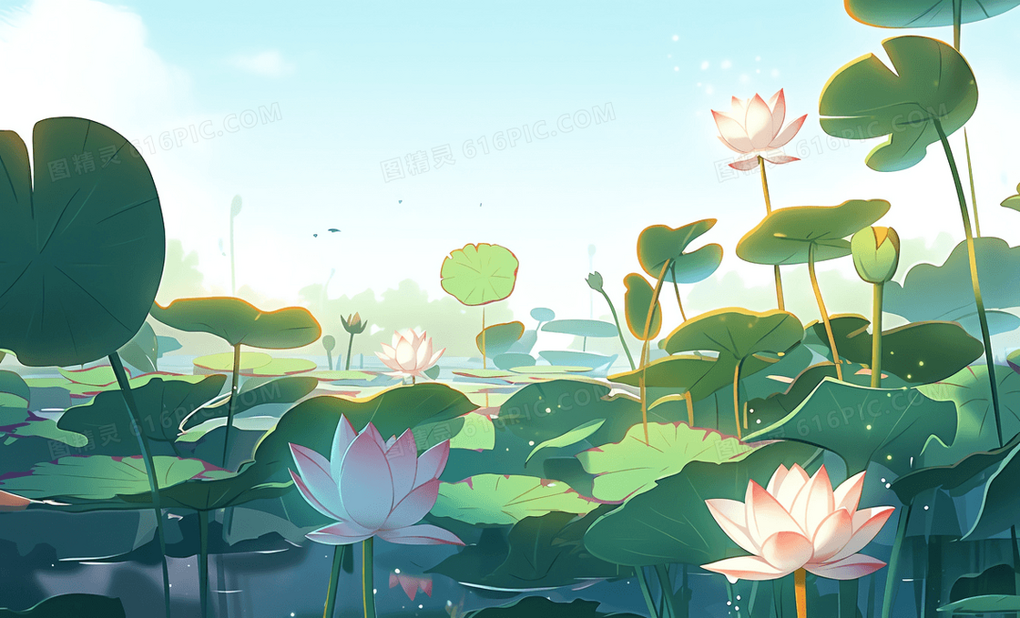 卡通风夏日池塘里竞相开放的荷花插画
