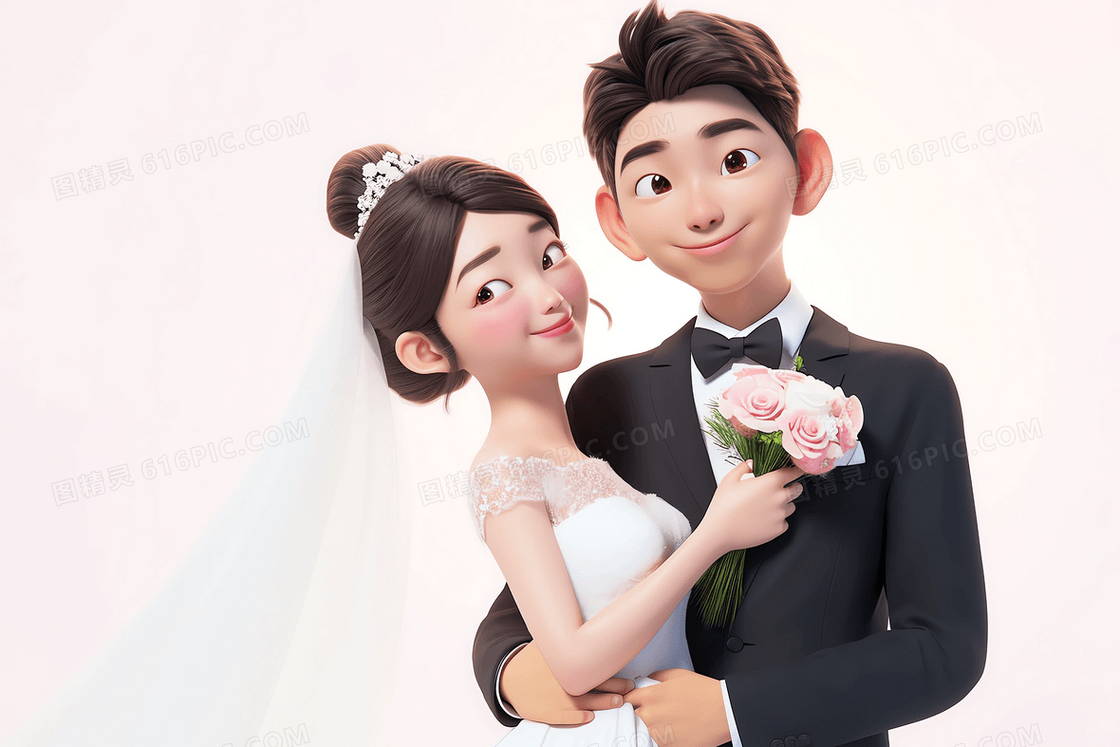 韩式唯美新郎扶着新娘的腰在微笑婚纱照3D模型 插画