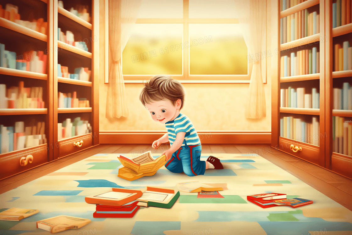卡通风小男孩在书房认真看书插图