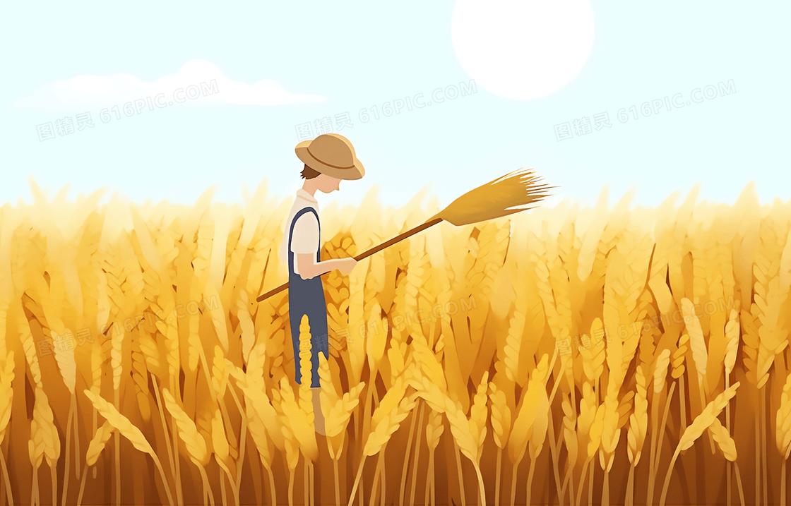卡通戴草帽的农民拿着农具站在麦田里插画