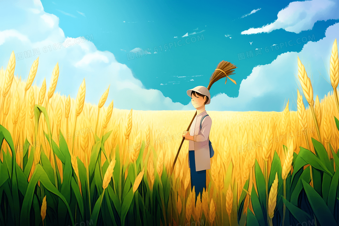 卡通戴草帽的农民扛着农具站在麦田插画