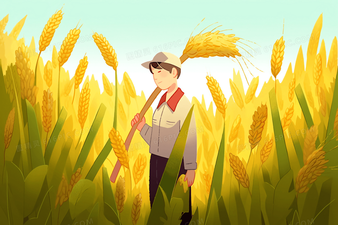 卡通戴草帽的农民举着麦穗站在麦田里插画