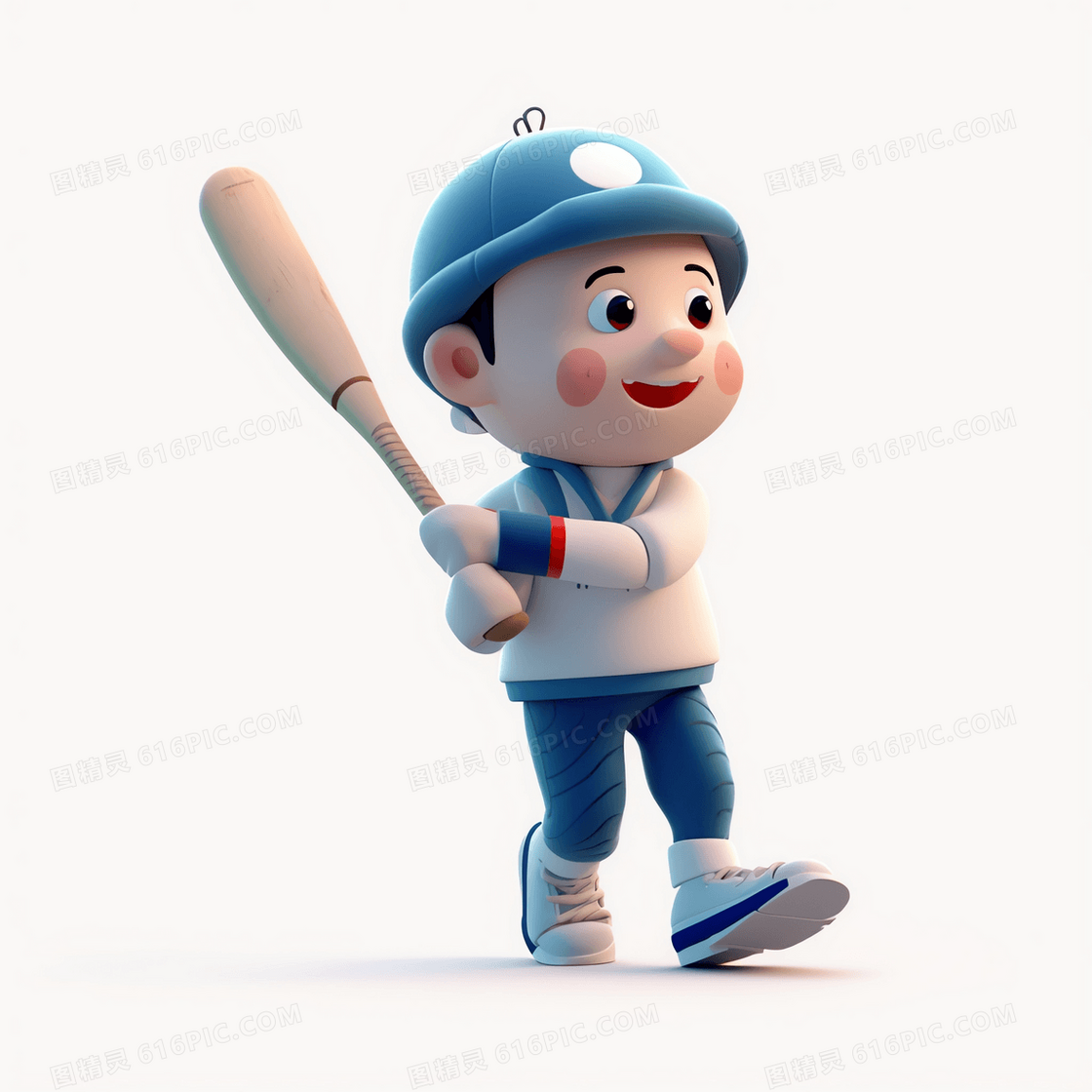戴着蓝色帽子玩曲棍球的可爱男孩3D模型