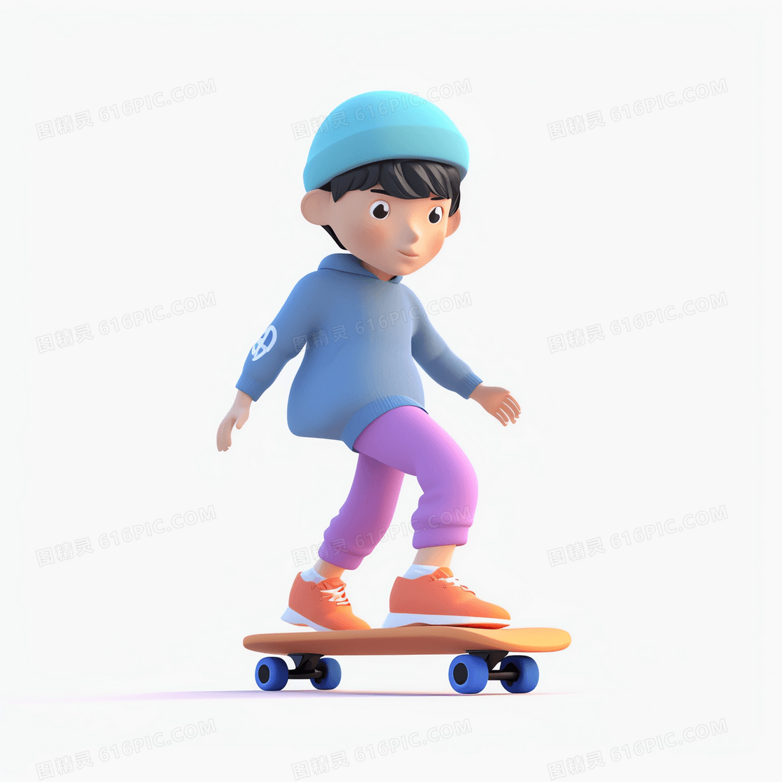 在滑板上准备转向的玩滑板的可爱男孩3D模型 (6)