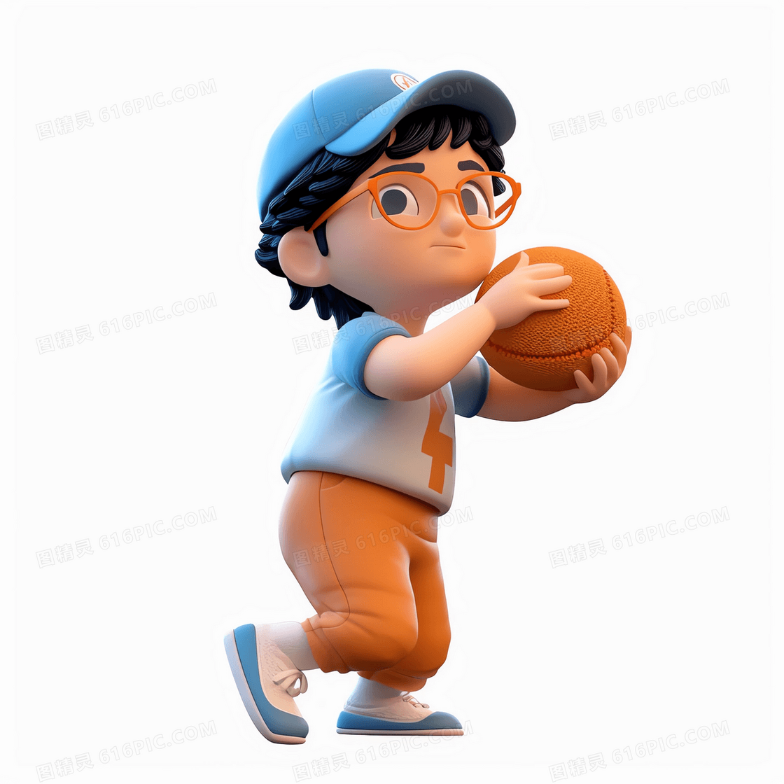 双手抱球做投掷动作的可爱男孩3D模型