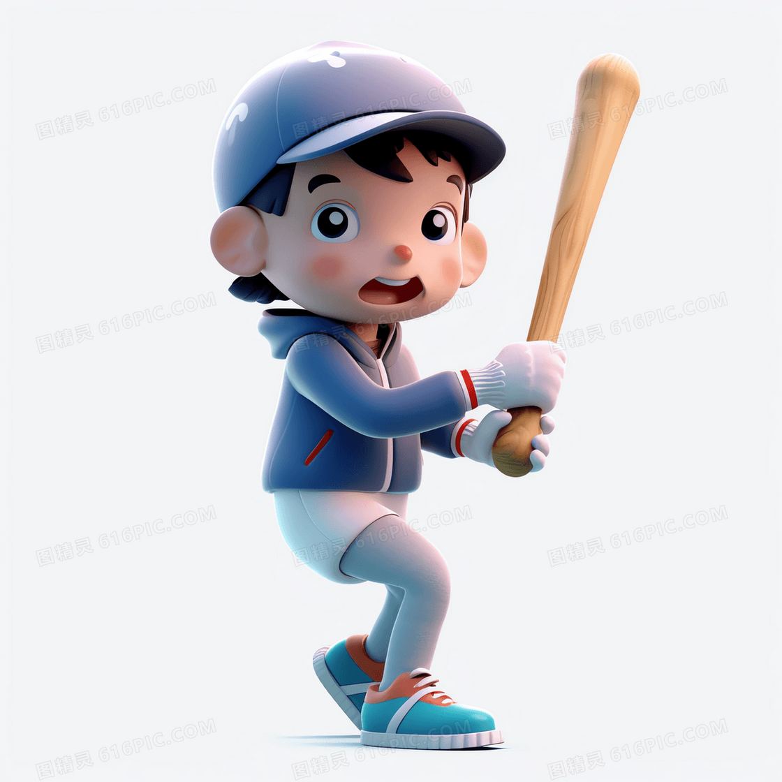 戴着蓝色棒球帽玩曲棍球的可爱男孩3D模型