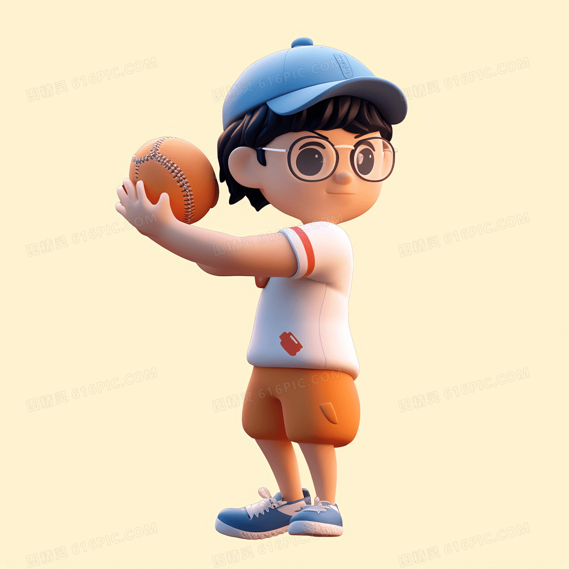 两手抱着垒球准备投掷的可爱男孩3D模型
