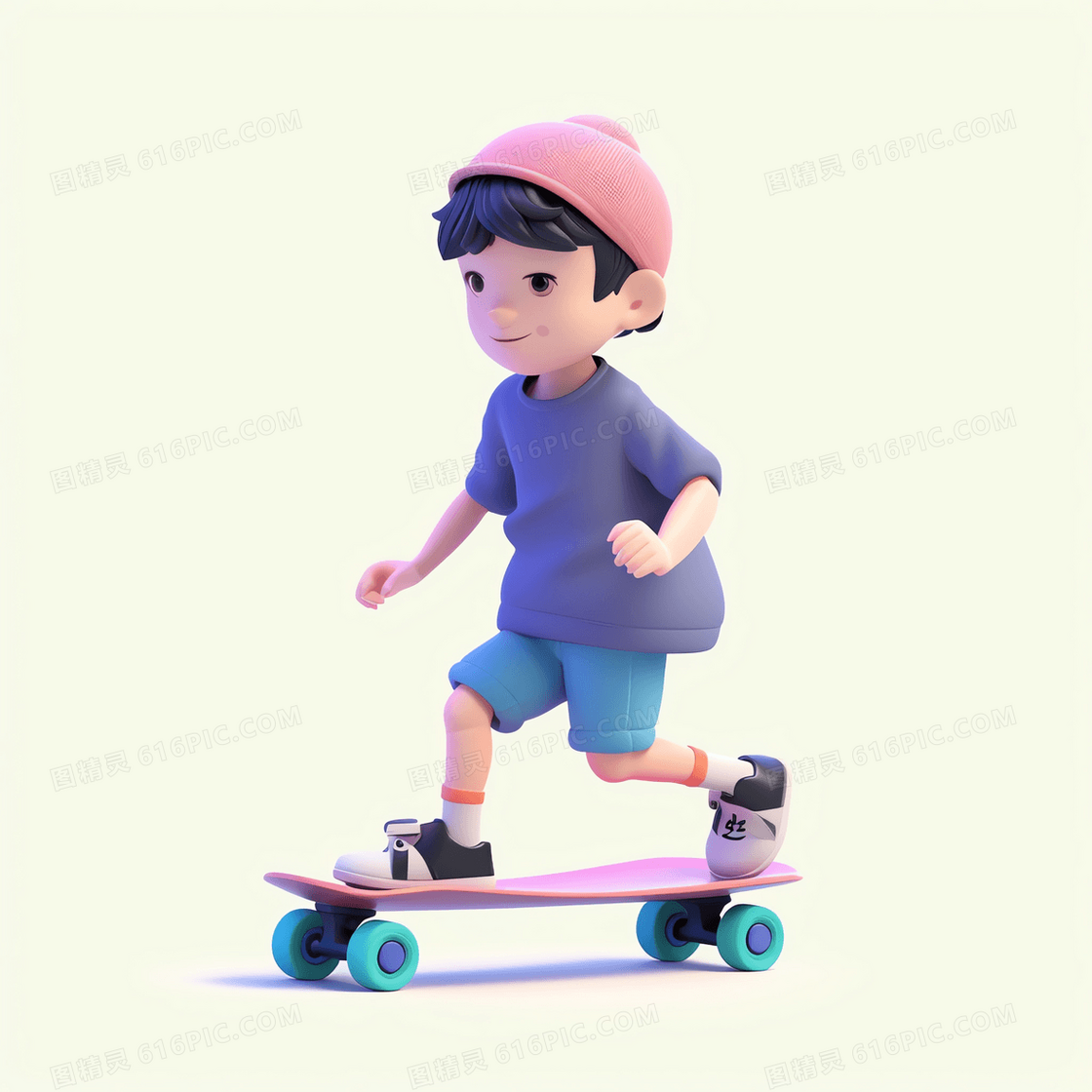 戴着粉色帽子玩滑板的可爱男孩3D模型