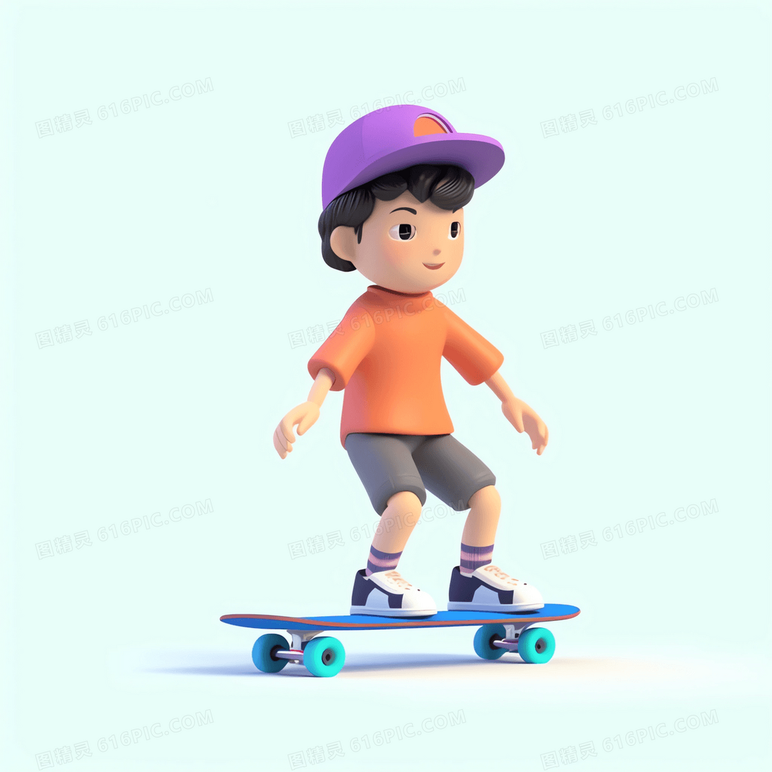 在滑板上做惯性滑行的可爱男孩3D模型