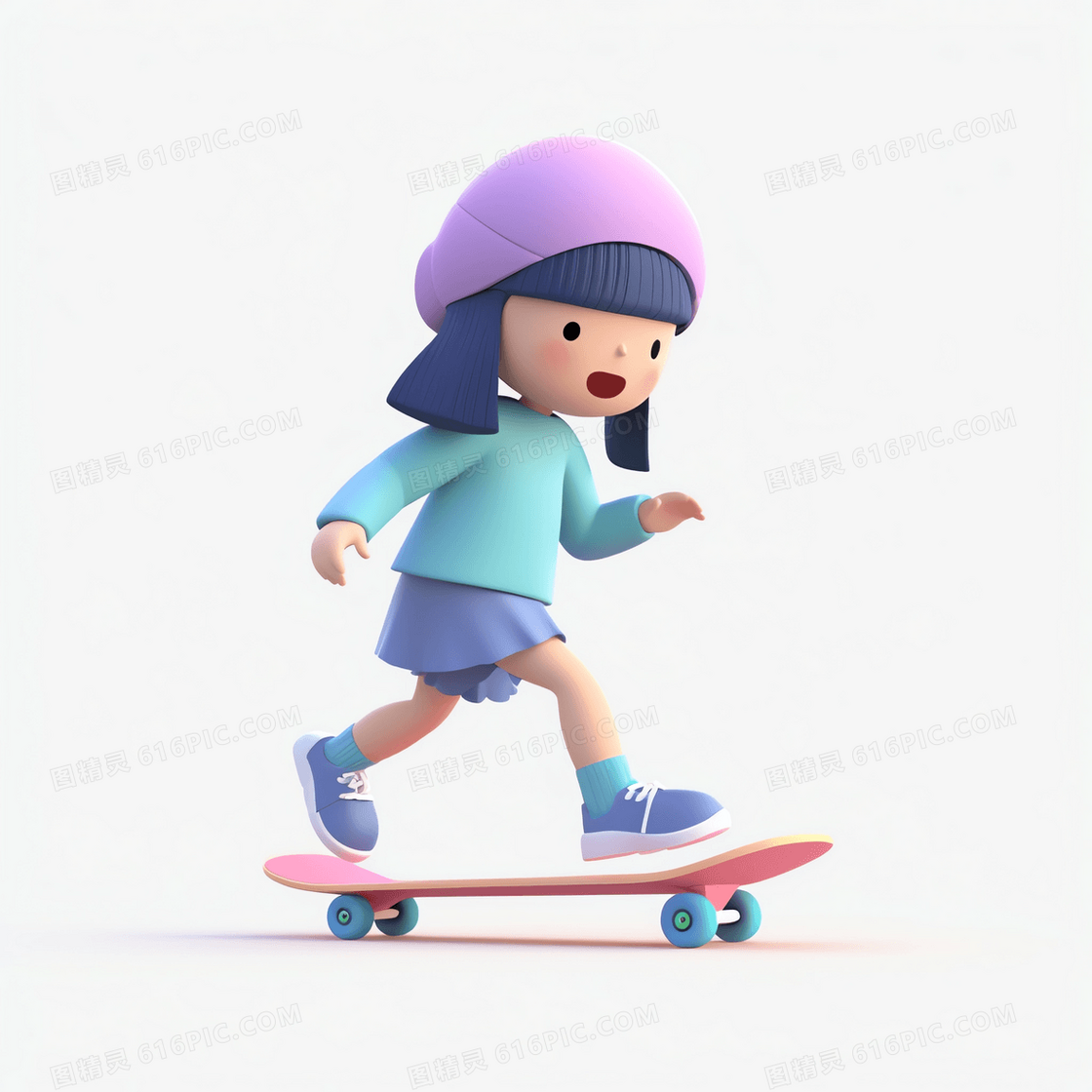 在滑板上滑行的可爱女孩3D模型