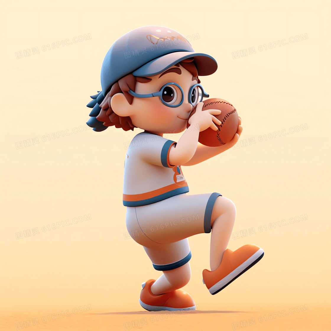 抱着垒球开心玩耍的的可爱男孩3D模型