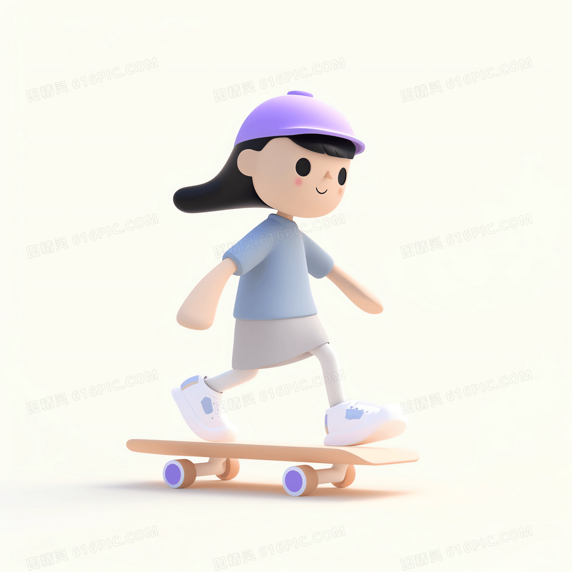 在滑板上惯性滑行的可爱女孩3D模型