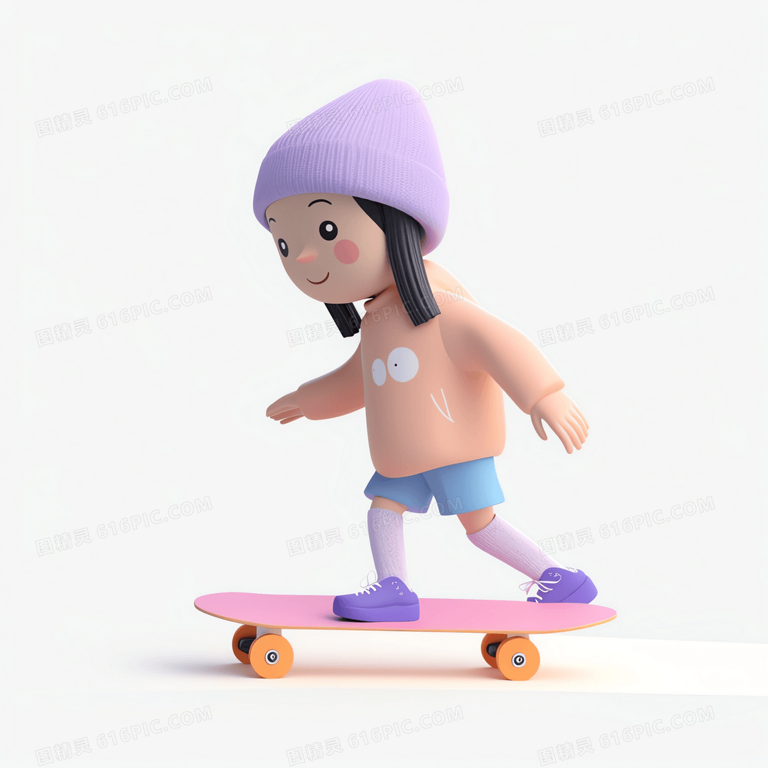 戴着紫色毛线帽玩滑板的可爱女孩3D模型