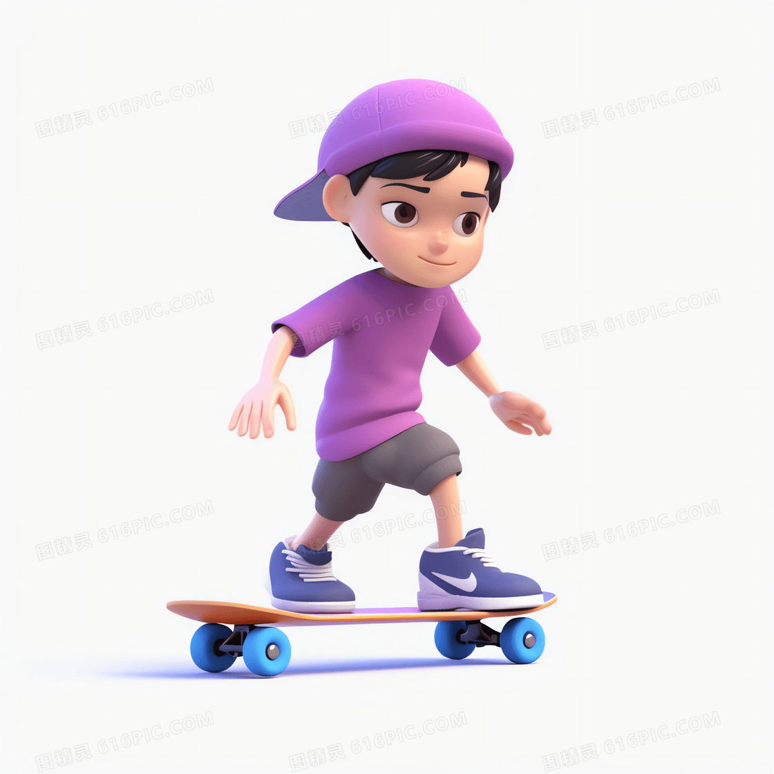 反戴紫色棒球帽玩滑板的可爱男孩3D模型