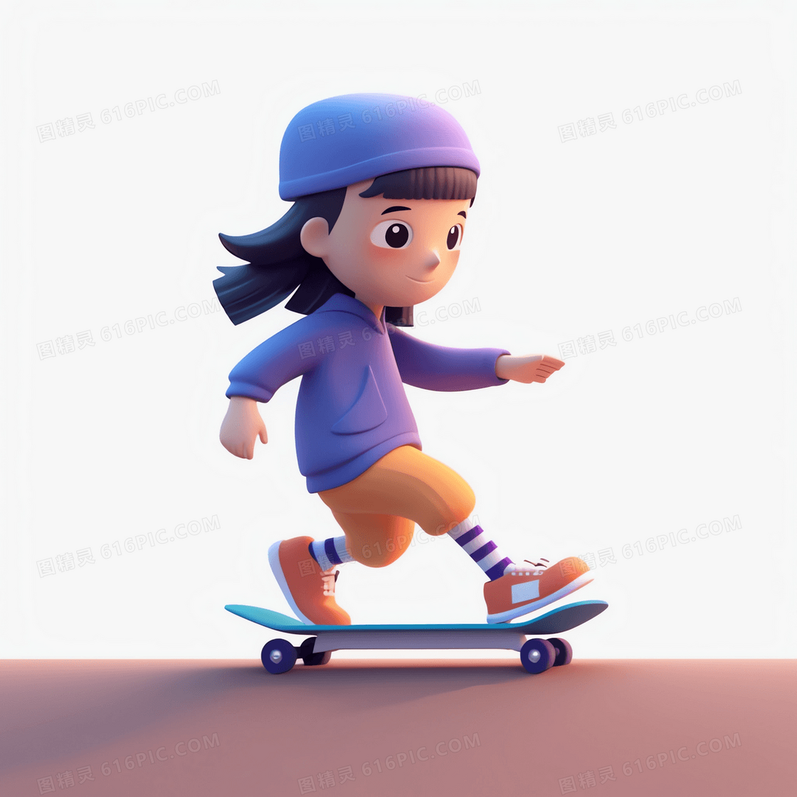 在滑板上反向站立的可爱女孩3D模型