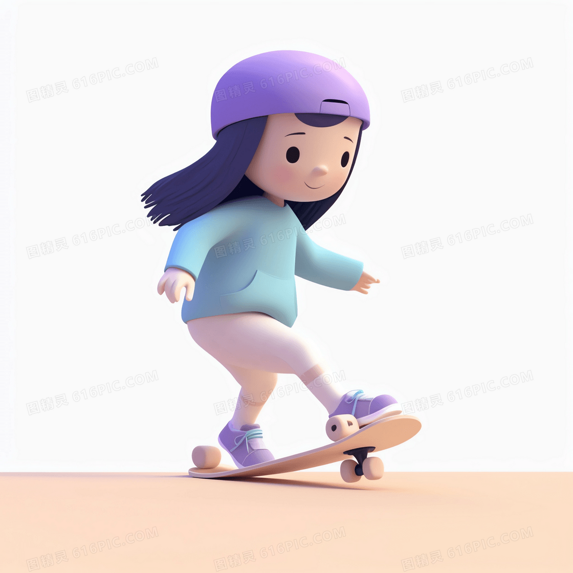 在滑板上刹车的可爱女孩3D模型