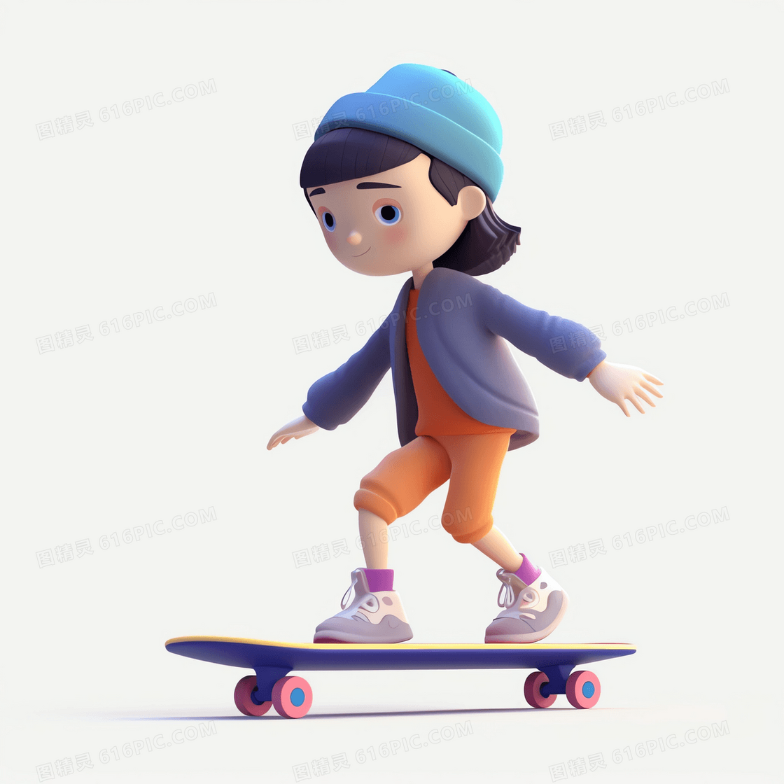戴着蓝色帽子玩滑板的可爱女孩3D模型