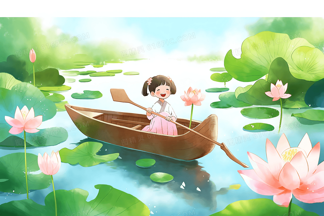 可爱的女孩在夏日的荷花池中划船赏花