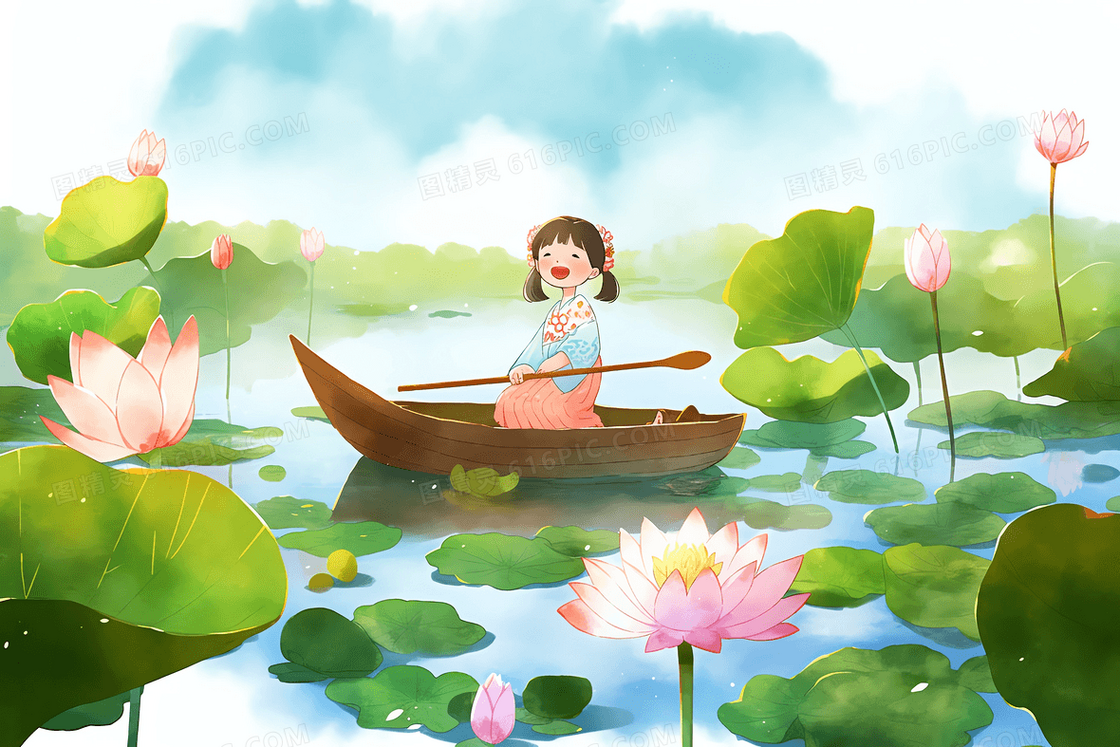 可爱的女孩在夏日的荷花池划船赏花