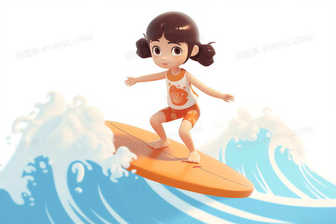 在冲浪板上做下蹲动作的可爱女孩C4D模型