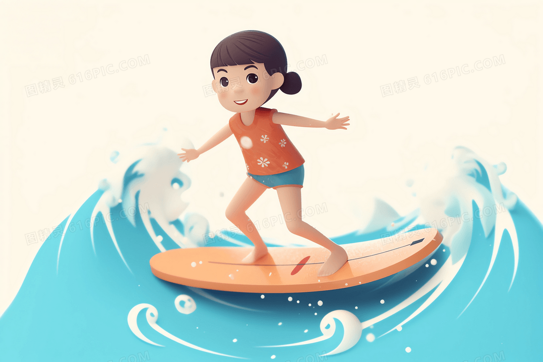 可爱的女孩在海上开心的冲浪C4D模型