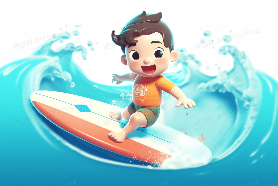在冲浪板冲浪的可爱男孩C4D模型